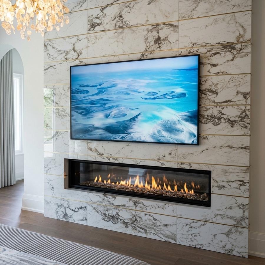 Framed TV on a marble feature wall