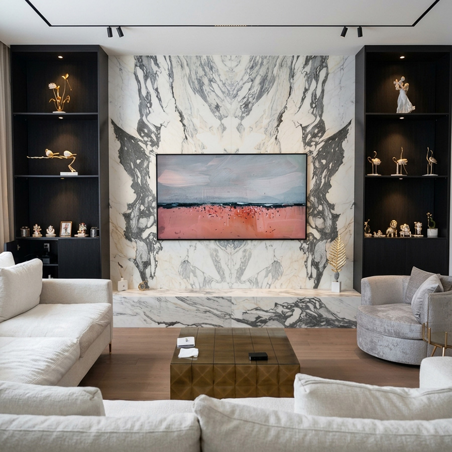 Living room TV and fireplace wall